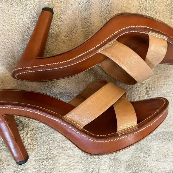 Yves Saint Laurent Tan Leather Heels with Cross-Strap Design - Picture 4 of 15